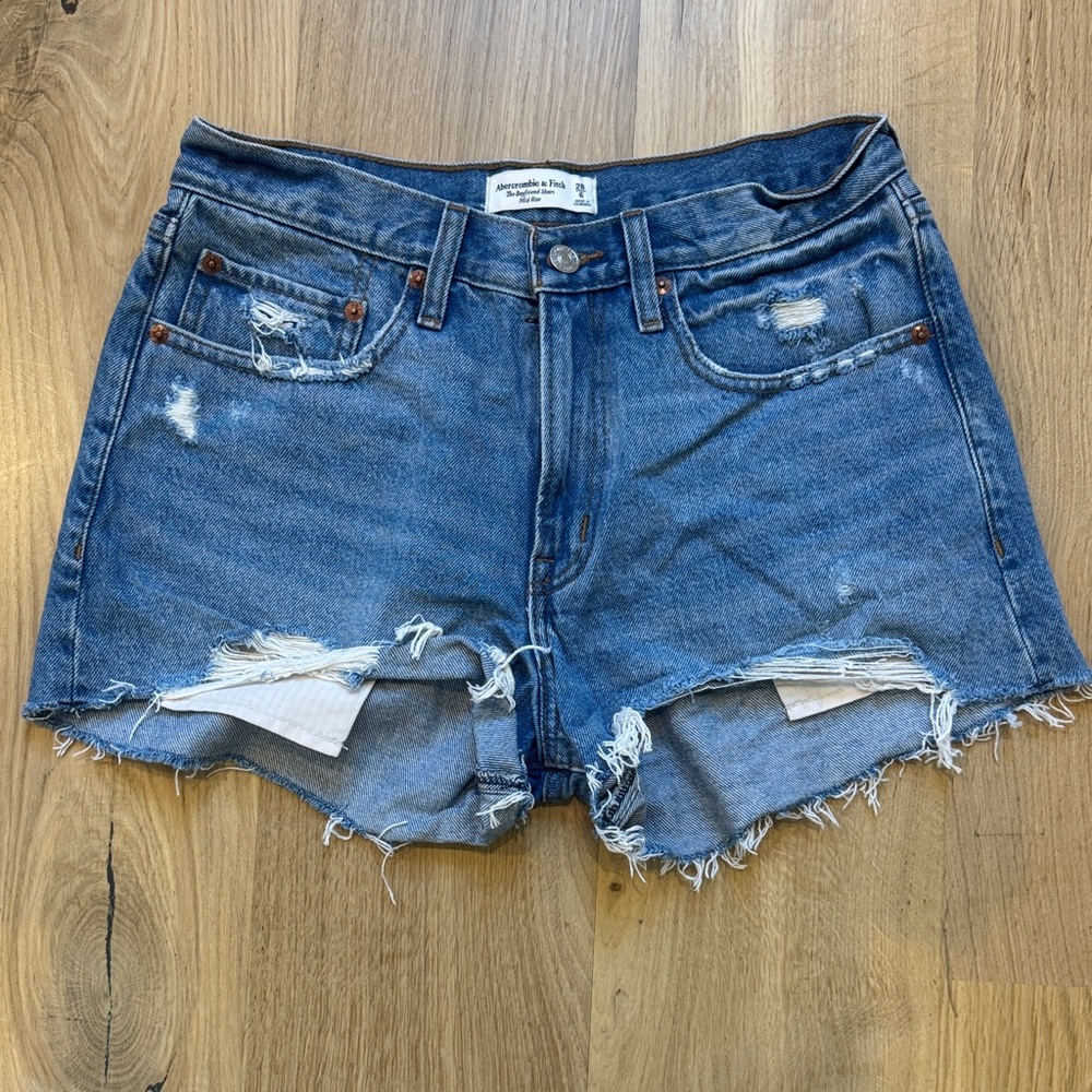 Abercrombie & Fitch The Boyfriend Mid Rise Frayed Distressed Denim Shorts - Blue